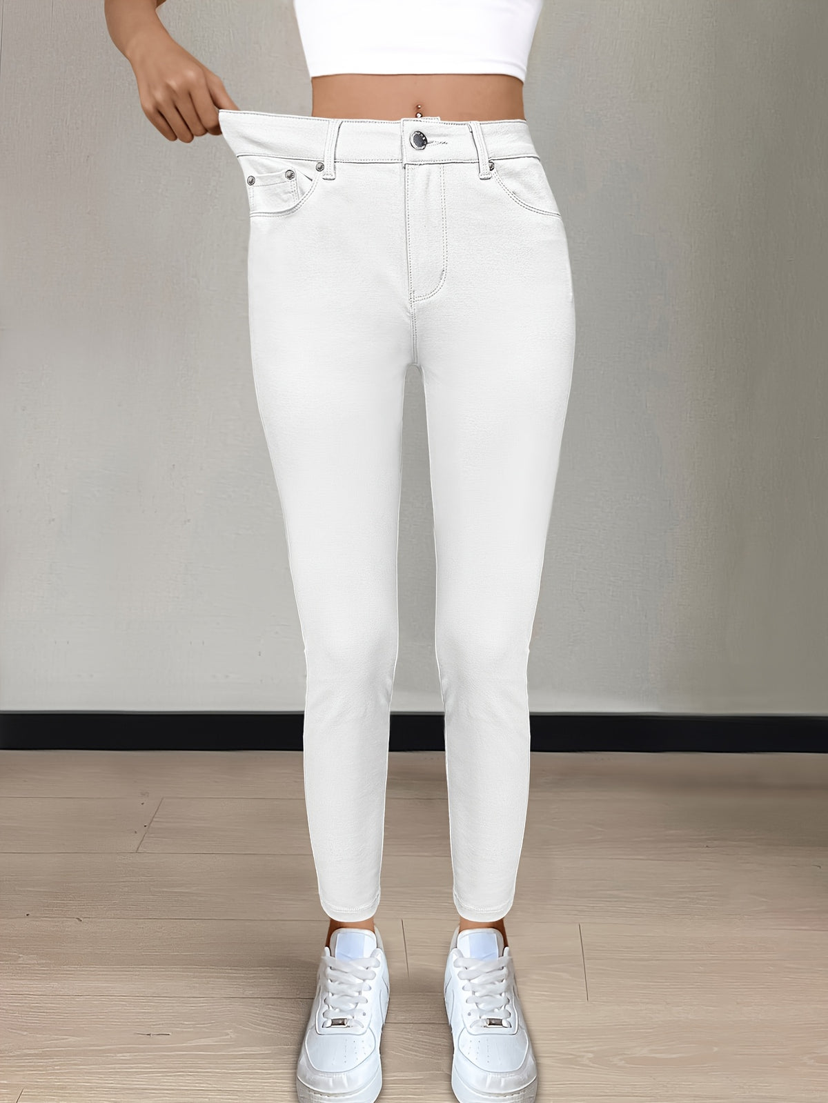 CY038 Full-Length Black High-Waist Skinny Jeans - Stretchy Fabric, Button Decor, Five Pockets, Long Style, Solid Color, Weekend Casual Streetwear - Ideal for - product image 2