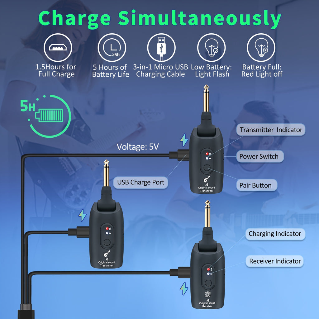 Wireless Guitar System 2.4Ghz Built-In Rechargeable Lithium Battery 270° Rotate Audio Wireless Transmitter Receiver for Guitar Bass Violin Keyboard - product image 7