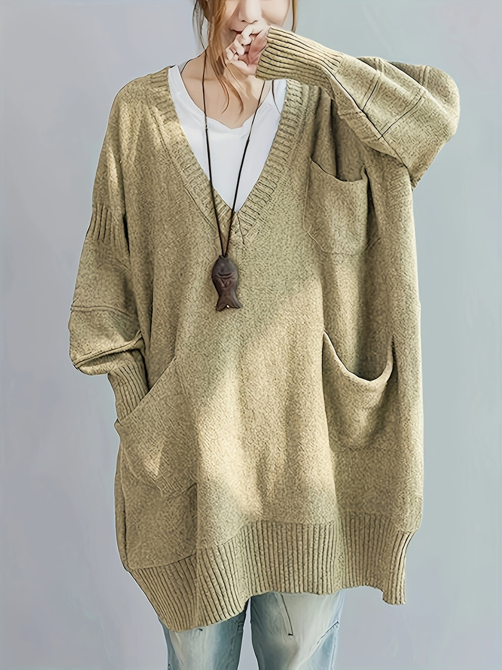 Plus Size, Women's Plus Size Oversized V-Neck Longline Sweater - Soft Machine-Washable Black Pullover for Fall Winter, Elegant Loose Fit Casual Chic Wardrobe - product image 4