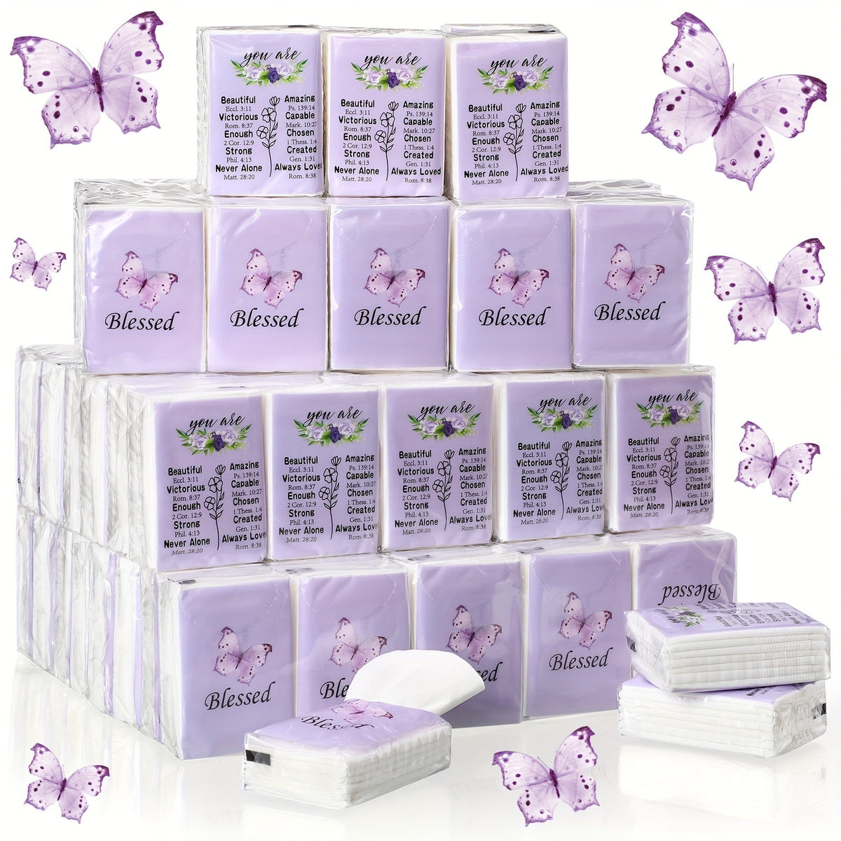 Christian Blessed Pocket Tissues 100 Pack 3-Ply Purple Butterfly Lavender Floral Design 7 Sheets Per Pack for Weddings Graduation Church Events Travel Gifts - product image 8