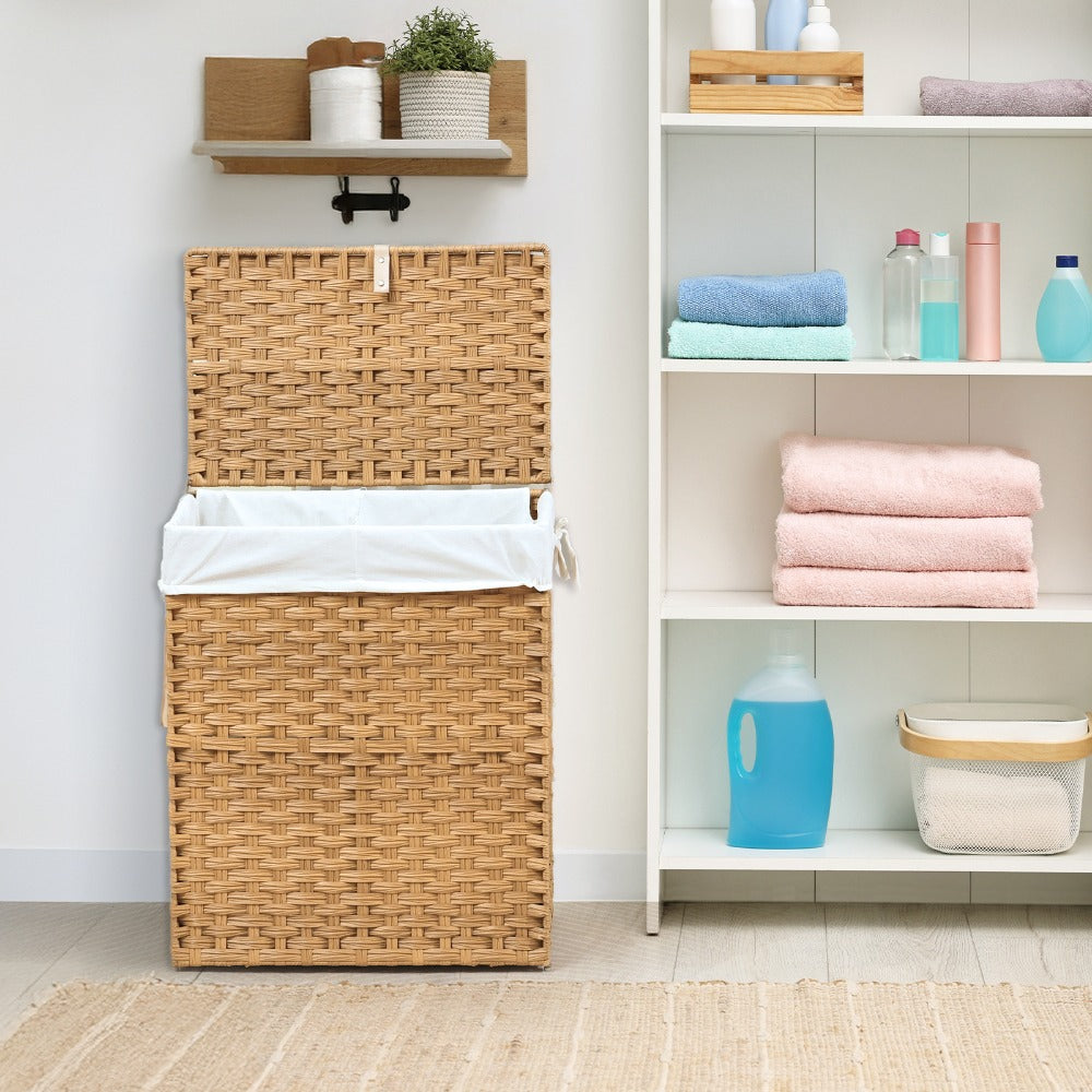 Laundry Hamper with Lid Large Capacity Woven Rattan Storage Basket, Collapsible Clothes Hamper with Handles & Removable Liner, Foldable Breathable Wicker Basket for Bedroom Home Do - product image