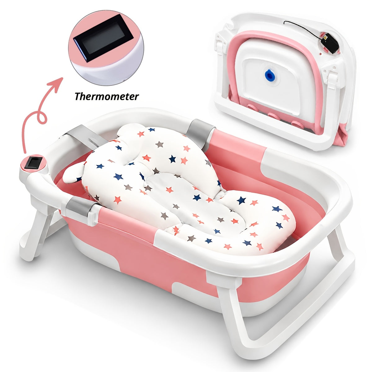 Foldable Baby Bathtub, Baby Tub with Soft Cushion and Thermometer, Portable Travel Baby Bathtub