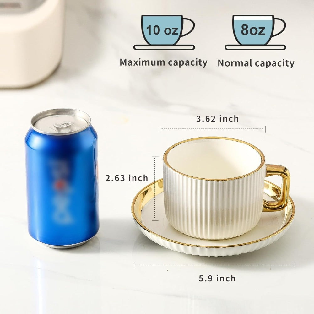 Ceramic Cappuccino Cups with Saucers Set of 6 – 8oz Coffee Mugs with Golden Trim, Latte Art Cups for Espresso Mocha, British Italian Style Café Cups and Saucer Sets for Home Kitche - product image 2