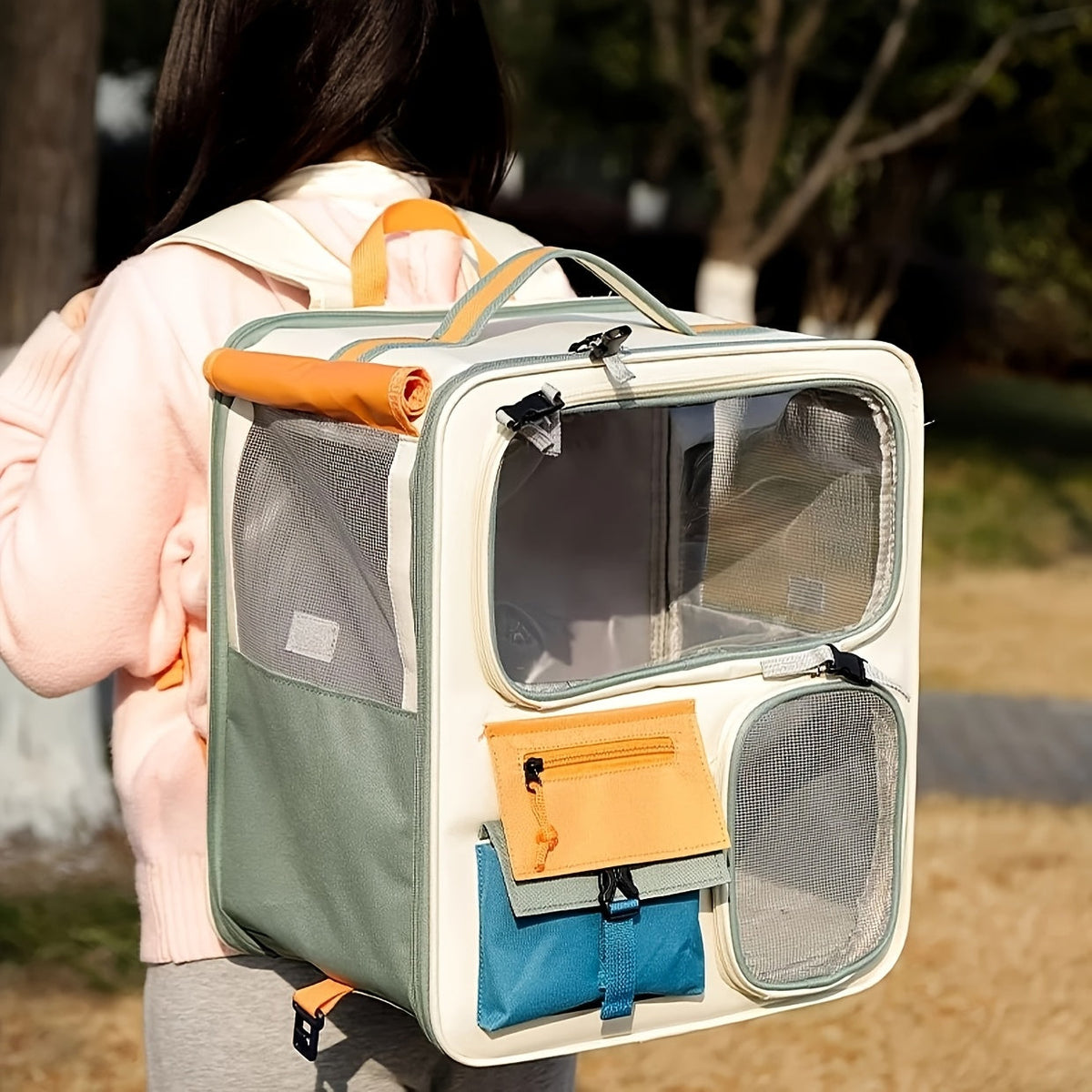 Large Capacity Portable Cat Dog Travel Luggage Case with Telescopic Handle, Outdoor Multi-Function Carrier for Small Medium Pets, Brown & Green | 3-in-1 Pet Trolley Backpack & Shoulder Bag