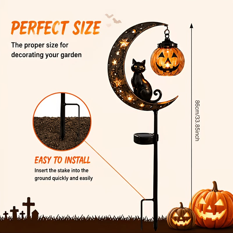 [3D] One Halloween Black Cat and Pumpkin Garden Post, Crescent-shaped Black Cat and Hanging Pumpkin, Outdoor Halloween Garden Decoration for Garden, Courtyard - product image 3