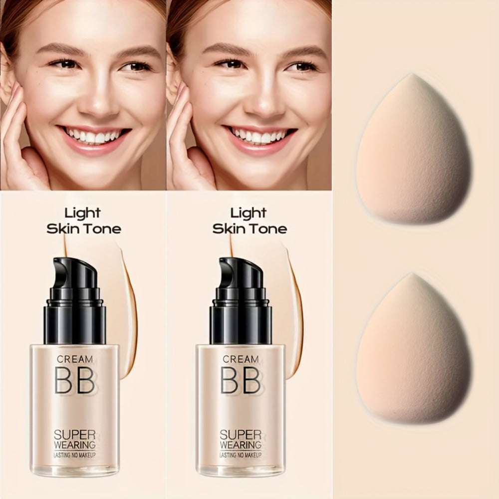 Moisturizing BB Cream Liquid Foundation Set 2-Piece with Makeup Sponge — Flawless Long-Lasting Medium Coverage Skin-Isolating Concealer for All Skin Types Women Natural & Light Bei - product image 3