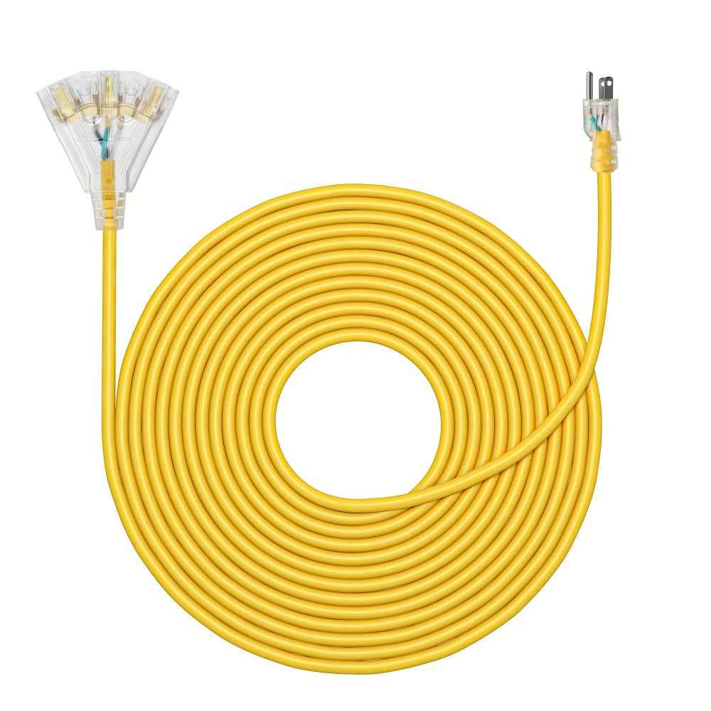 Extension Cord 25FT Heavy Duty Outdoor Indoor 14/3 SJTW Yellow 3-Outlet Tri-Tap Splitter with LED Lighted Plug 15A 1875W Grounded Power Cord for Workshop Garage Job Site Constructi - product image