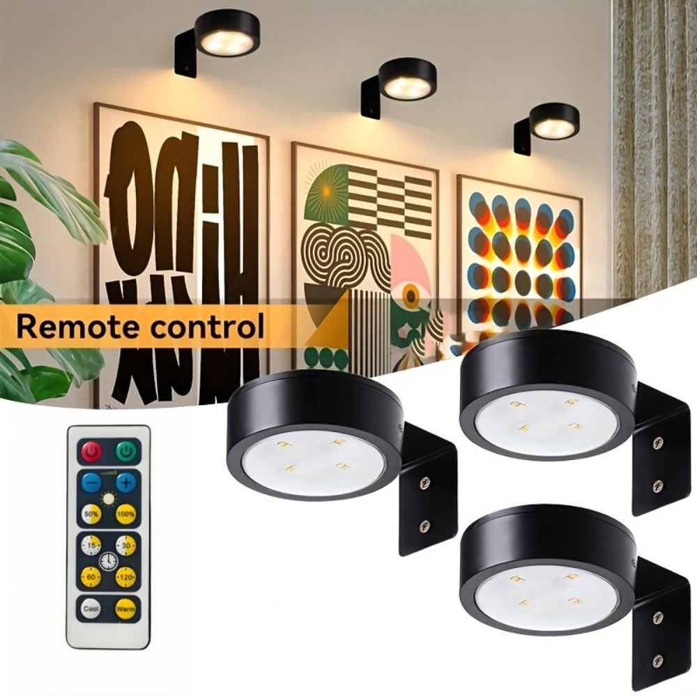 Battery Operated Picture Lights 3-Pack, Magnetic Painting Light with Remote & Timer, 3 Lighting Modes Dimmable Wireless Wall Puck Lights for Art Frames Portraits – Black - product image