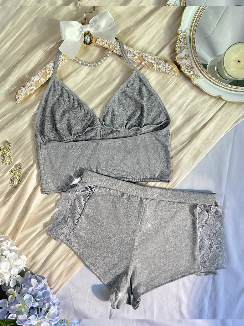 Solid Color Lace Splicing Halter Neck Tie Backless Button Splicing Bilateral Side Opening Lace Splicing Soft -friendly Sexy Home Pajamas Set - product image 37