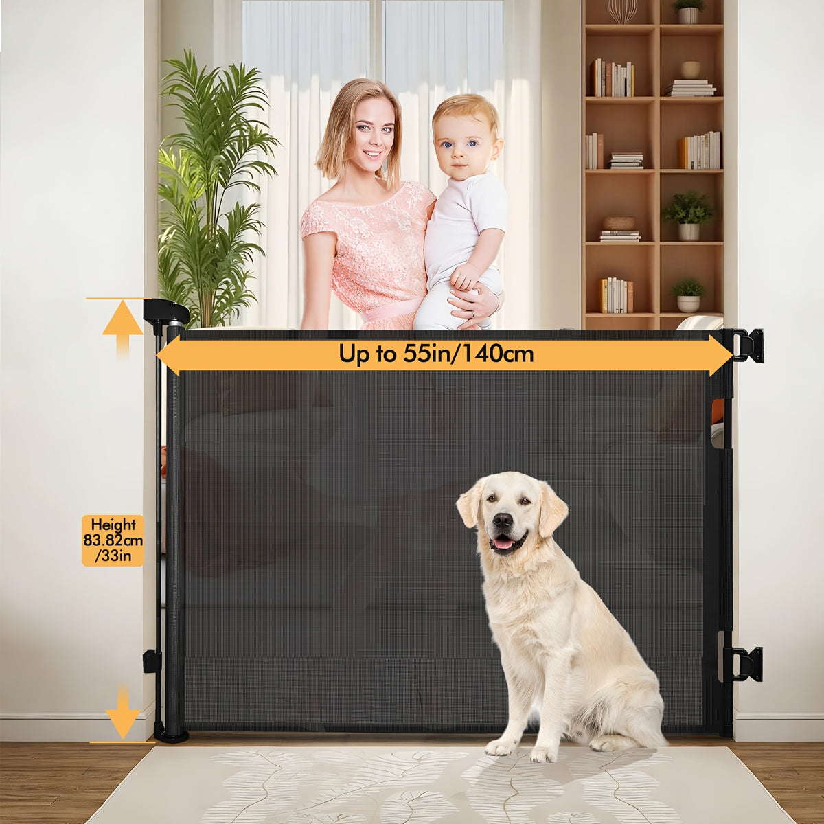 Retractable Gate, Mesh Gate, 33"/41"Tall Safety Gate for Doorways, Stairs, Hallways, Indoor/Outdoor, (Black/White/Grey), As A Holiday Gift - product image