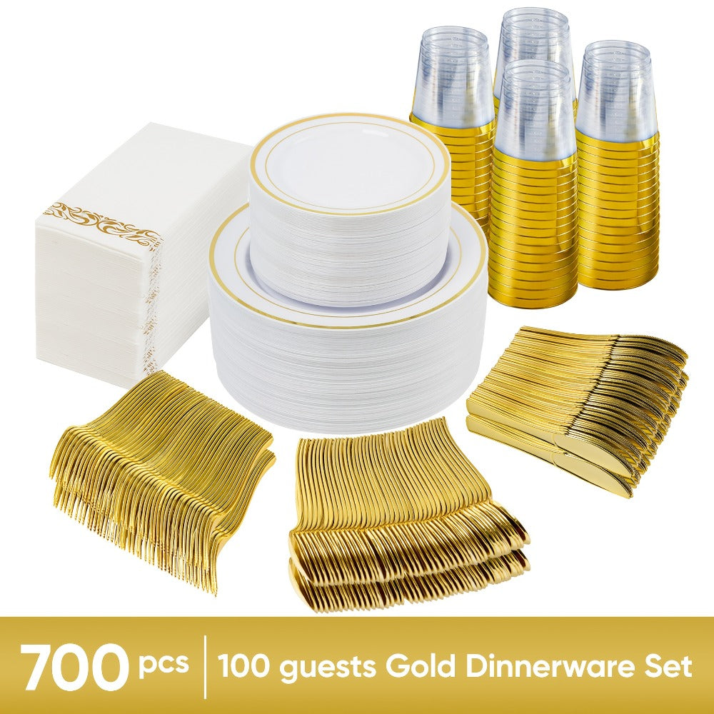 Disposable Party Dinnerware Set 350 700 Pieces Gold Silver Plastic Plates Salad Plates Cutlery Cups Napkins for 50 100 Guests Wedding Birthday Graduation Party - product image 11