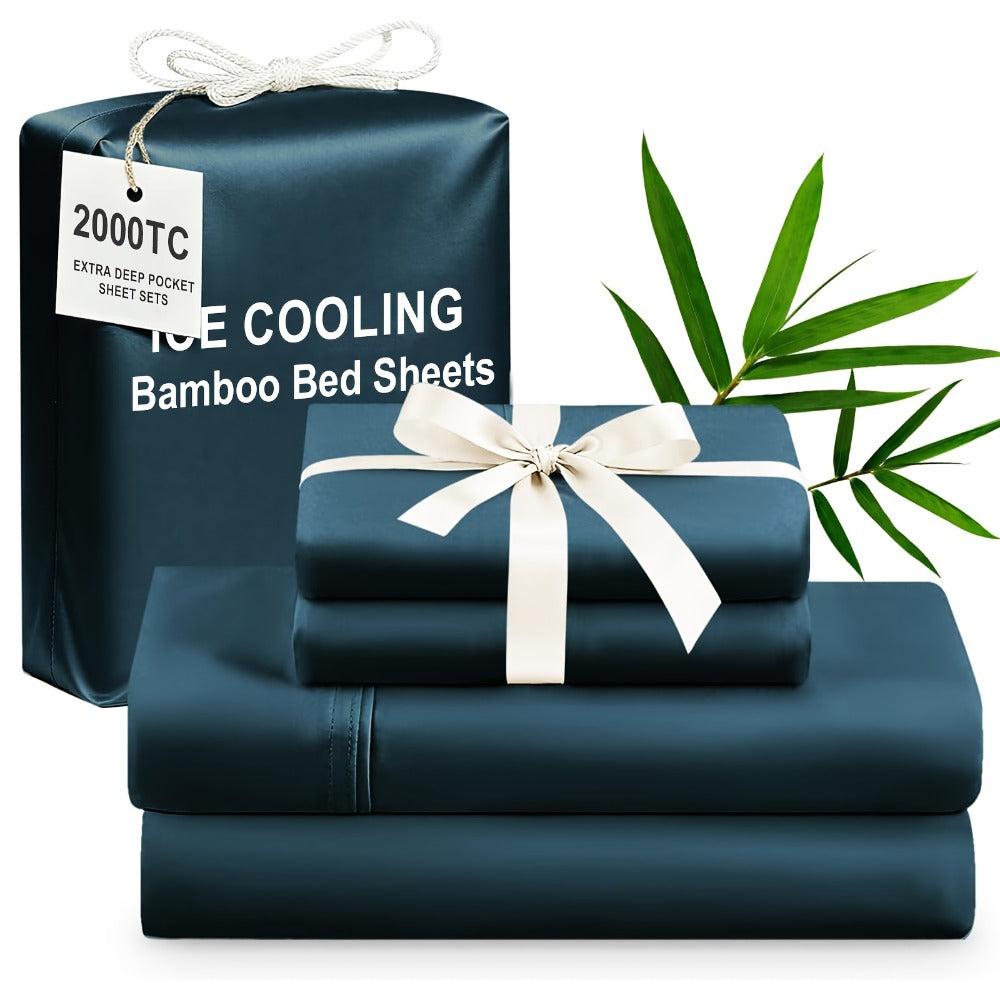 Bamboo Cooling Bed Sheet Set 4pcs Extra Deep Pocket Breathable Fitted Sheet Flat Sheet Pillowcases for Hot Sleepers Twin Full Queen King - product image
