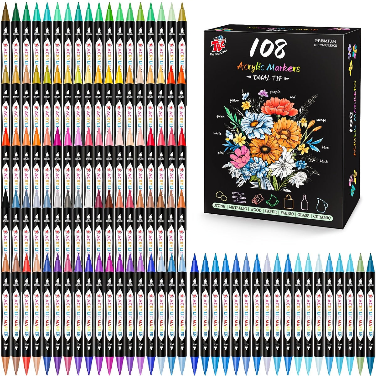 Acrylic Paint Markers Dual Tip Set 48 72 108 Colors | Non-Toxic Odorless Paint Pens for Canvas Rock Wood Glass Ceramic Fabric, Gift for Artists DIY Crafters Birthday Christmas