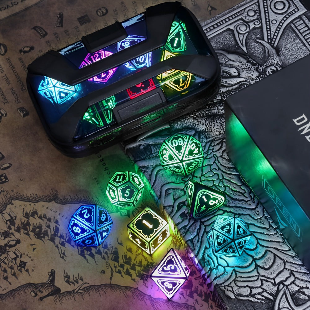 Illuminated Polyhedral Dice with Type-C Charging Case for D&D RPG Tabletop Games, Astral Shard Black, Glow in Dark Gift for Gamers – RGB LED DND Dice Set - product image