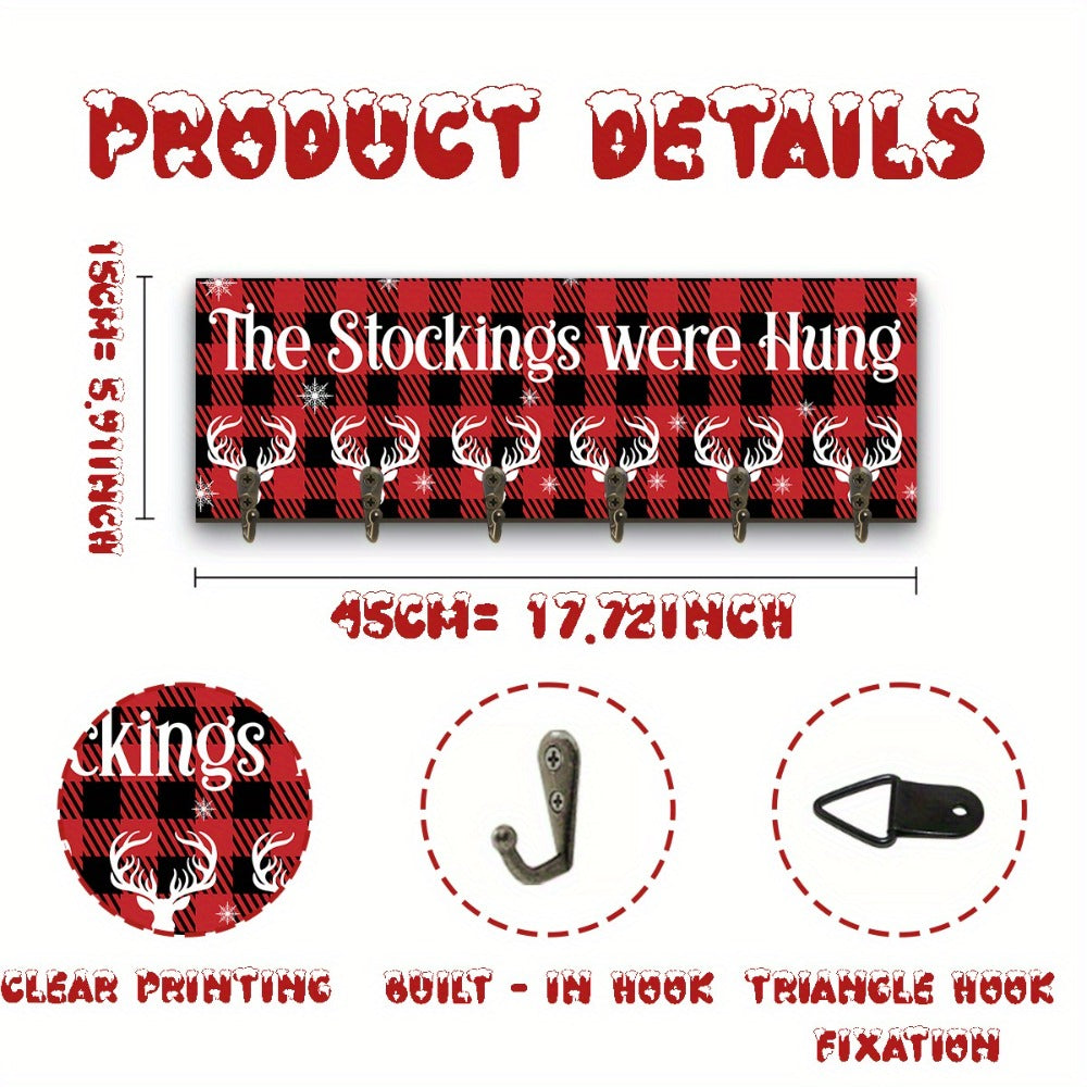 Christmas Stocking Holder with 6 Hooks – Wooden Sign Wall Rack with Snowflake Design & "The Stockings Were Hung" Quote, Santa Claus Mantel Hanger for Holiday Fireplace Decor - product image 6