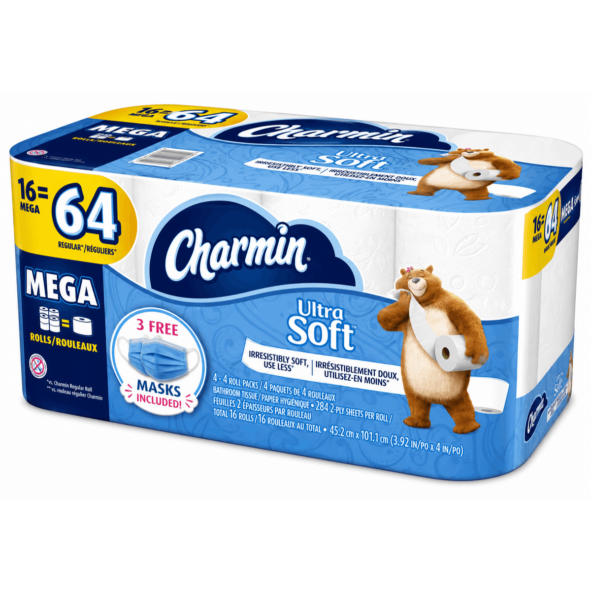 Ultra Soft Mega Roll Toilet Paper, 1 pack (16 Rolls) AND 3 Free Masks Included - product image