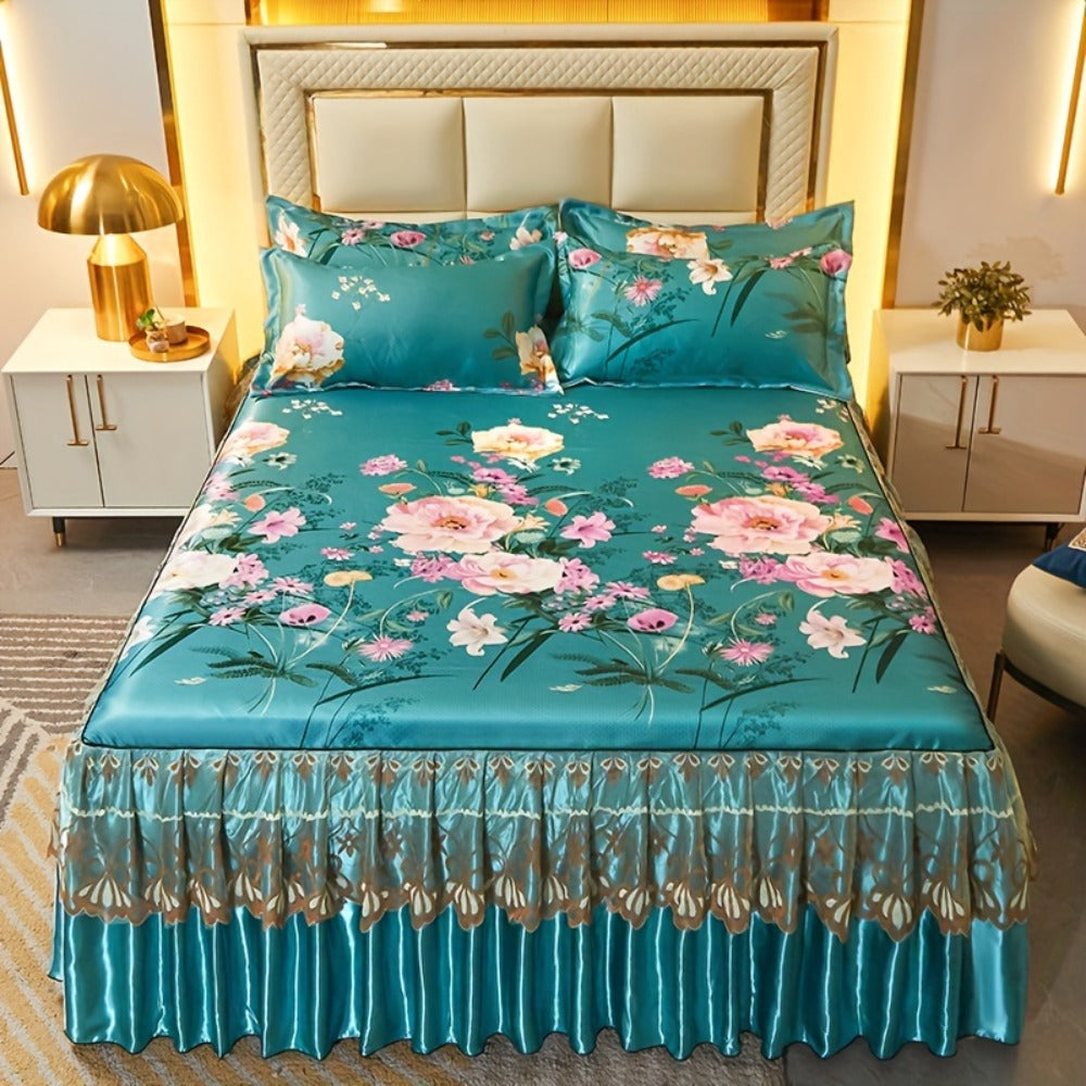 Floral Ruffle Bed Skirt Cool Mat 3 Piece Set with Pillowcase, Double Layer 360° Full Wrap Washable Cooling Mattress Cover, Breathable Summer Bedding Set for Twin Full Queen King, P - product image 9