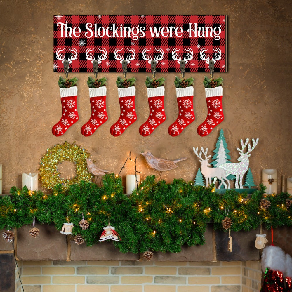 Christmas Stocking Holder with 6 Hooks – Wooden Sign Wall Rack with Snowflake Design & "The Stockings Were Hung" Quote, Santa Claus Mantel Hanger for Holiday Fireplace Decor - product image 5