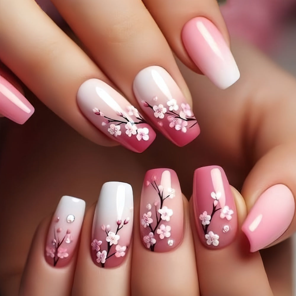 Floral Press On Nails 120 Pieces 5 Packs – Glossy Spring Summer False Nails Medium Square Full Cover Fake Nails with Striped & Mixed Color Designs | Removable Nail Art Set for Wome - product image 8