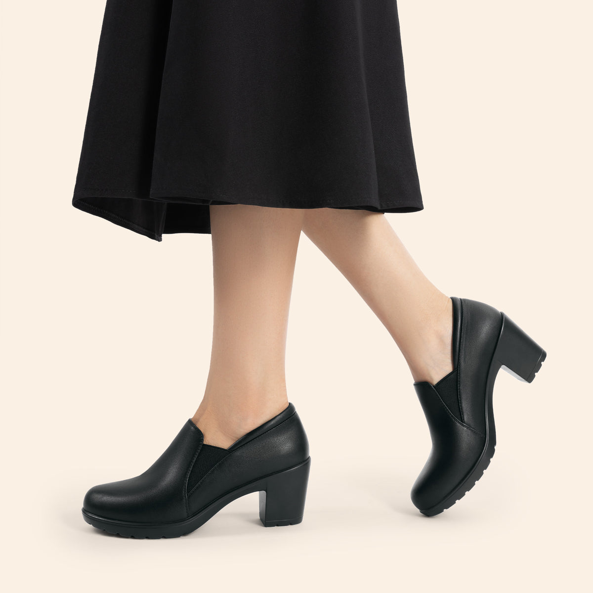 Women's Low Chunky Block Heel Slip-On Pumps - Round Toe Dress Loafers with Cushioned TPR Sole, Low Block Heels Suitable for Office, Business, Casual Wear