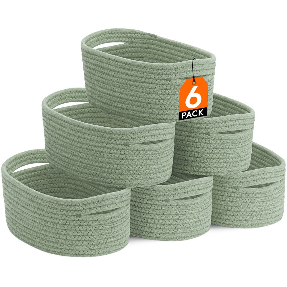 Woven Storage Baskets 6-Pack Cotton Rope Cube Bins 11x7x5" | Handmade Small Shelf Baskets for Organizing Closet Bedroom Living Room Playroom | Round Decorative Storage Caddy Multip - product image