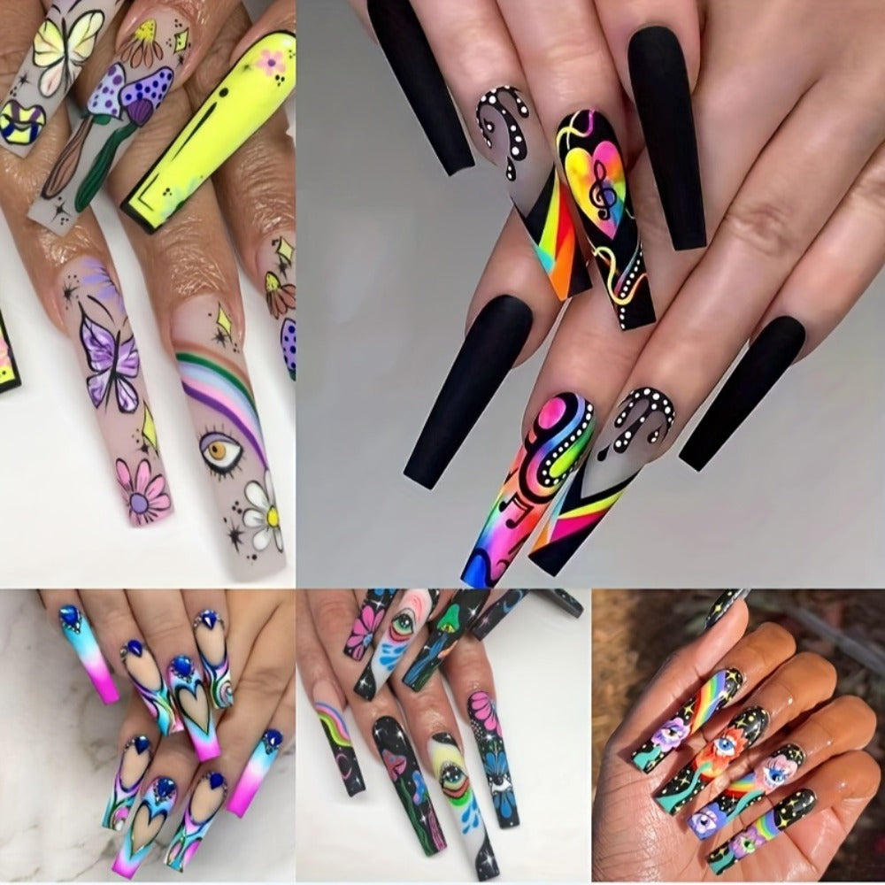 Press On Nails Set 120pcs 5 Boxes Extra Long Cosmic Eyes Crystal Rhinestones Matte Colorful Stripes Floral Glue-On Wearable Nail Art Variety Pack Festive Gift for Women Teens Party - product image 3