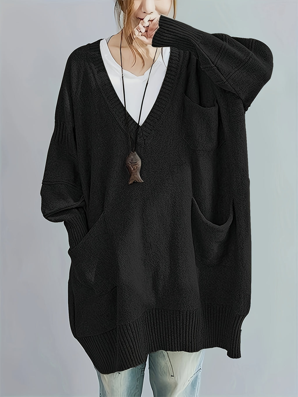 Plus Size, Women's Plus Size Oversized V-Neck Longline Sweater - Soft Machine-Washable Black Pullover for Fall Winter, Elegant Loose Fit Casual Chic Wardrobe - product image 6