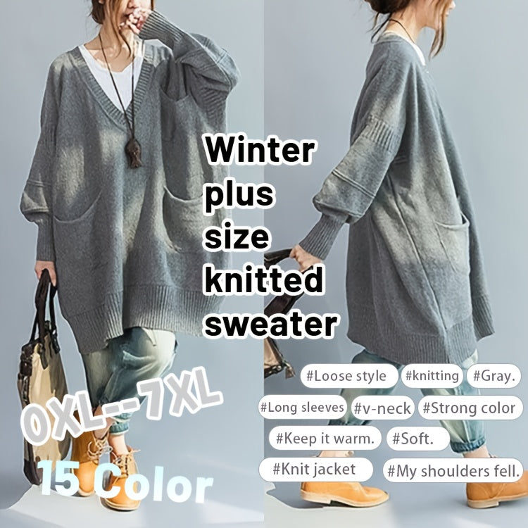 Plus Size, Women's Plus Size Oversized V-Neck Longline Sweater - Soft Machine-Washable Black Pullover for Fall Winter, Elegant Loose Fit Casual Chic Wardrobe - product image 9