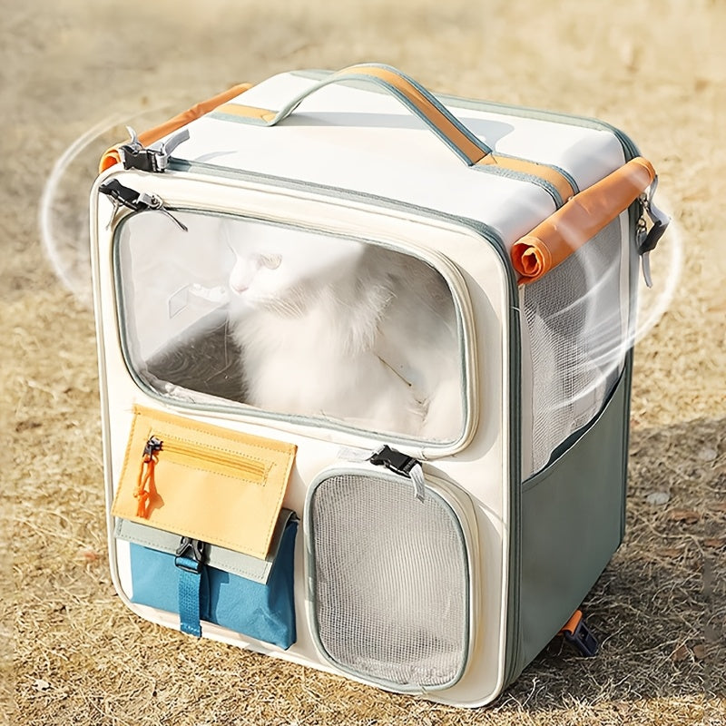 Large Capacity Portable Cat Dog Travel Luggage Case with Telescopic Handle, Outdoor Multi-Function Carrier for Small Medium Pets, Brown & Green | 3-in-1 Pet Trolley Backpack & Shoulder Bag