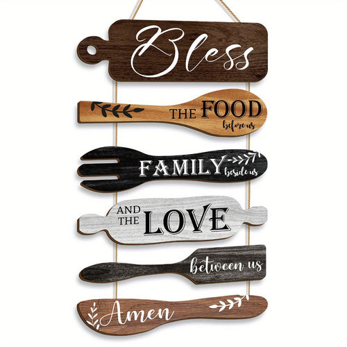 Farmhouse Wall Decor Wood Sign Set - "Bless The Food Before Us" Rustic Kitchen Dining Room Hanging Plaque, 6-Piece Rope Wood Board Art, Housewarming Thanksgiving Gift for Home - product image