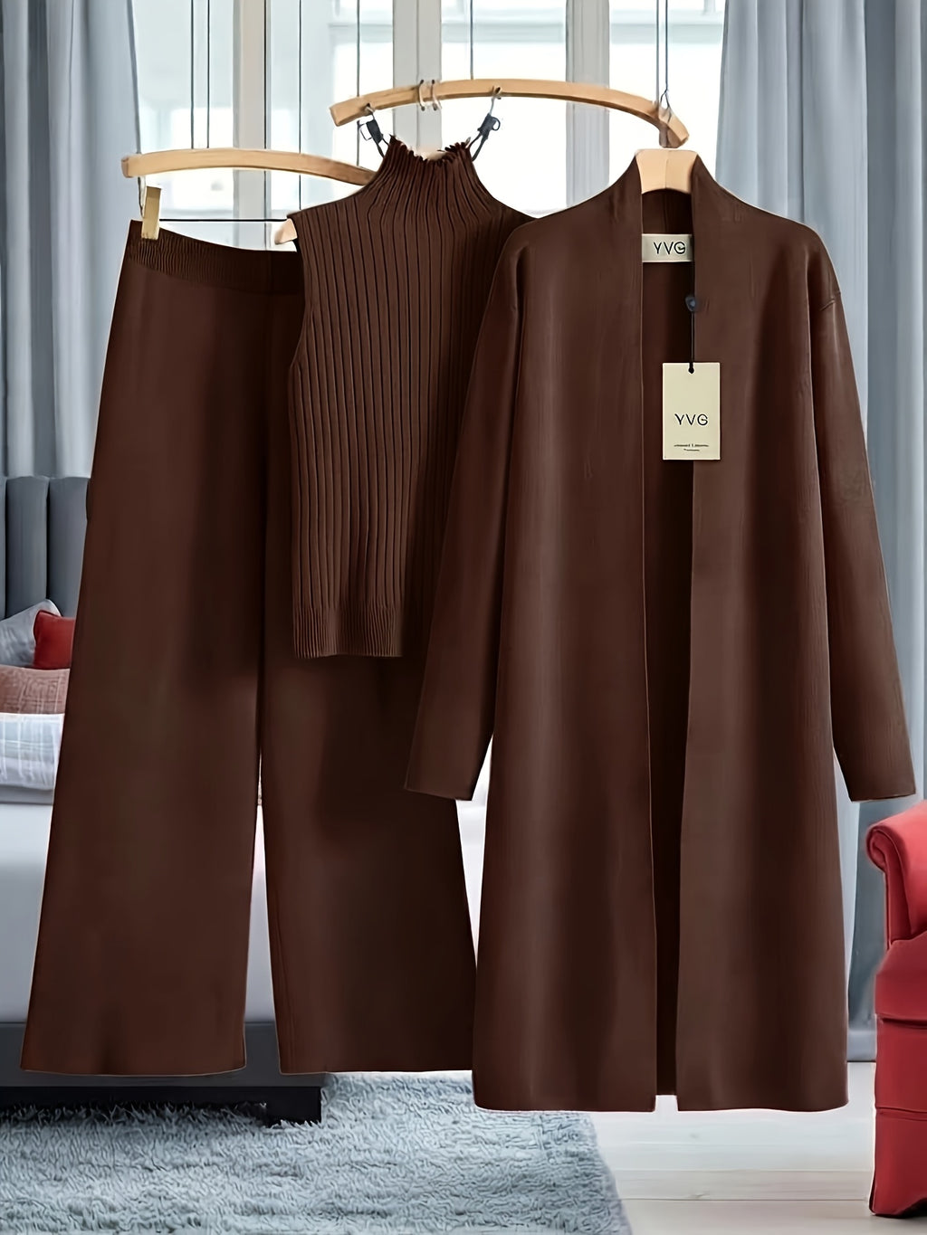 Genuine - Women's Autumn and Winter New Loose Set: Long Wide-Leg Pants + Shawl Cardigan + High-Collar Sweater Vest Fashion Three-Piece Set - product image 4