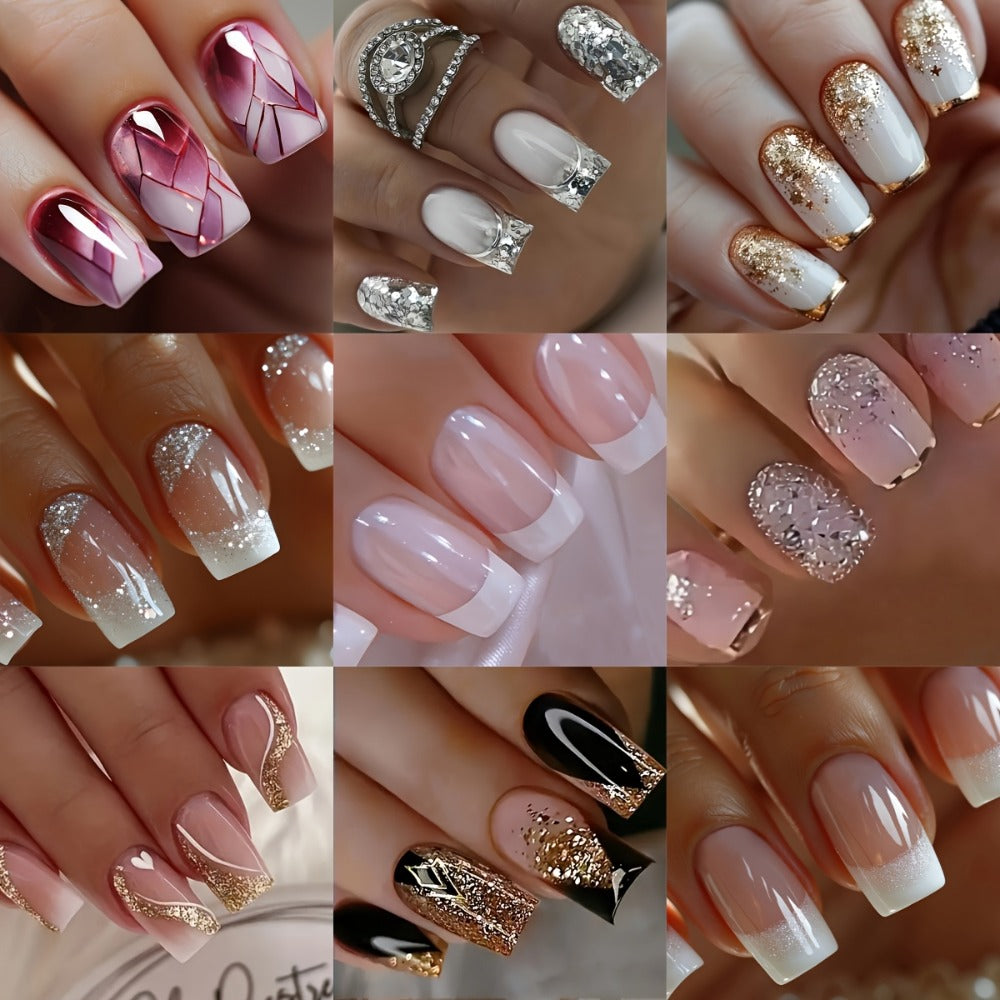 Press On Nails 216 Pieces 9 Boxes Soft Gel Short Square Full Cover Fake Nails Kit – French White Gradient Glitter Heart Matte False Nail Set for Women Girls - product image 2