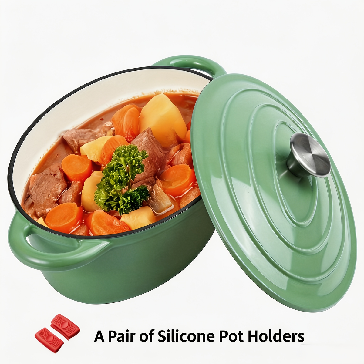 Enameled Cast Iron Dutch Oven with Lid & Dual Handles | Non-Stick Enamel Coating, Lightweight & Portable, Multifunctional for Bread Baking Daily Cooking Home & Outdoor Use, Available in 5 Colors