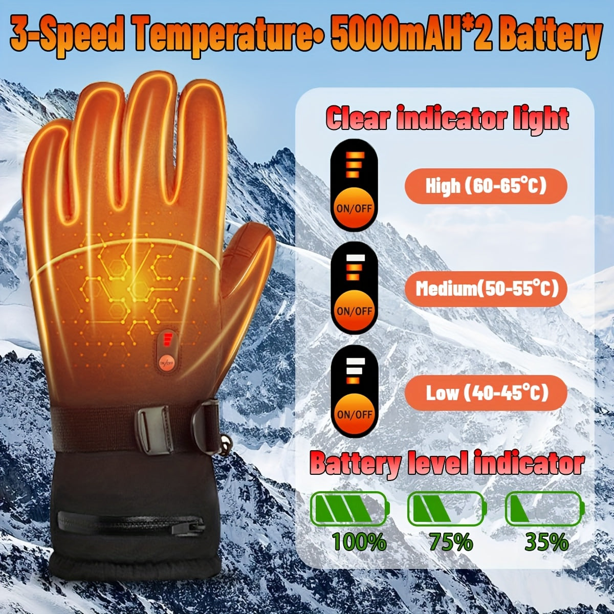Rechargeable Heated Gloves 2x5000mAh | 3-Speed Temperature Control, Touchscreen Fingertips, Thermal Winter Gloves for Men & Women, Skiing, Hunting, Fishing - product image 2