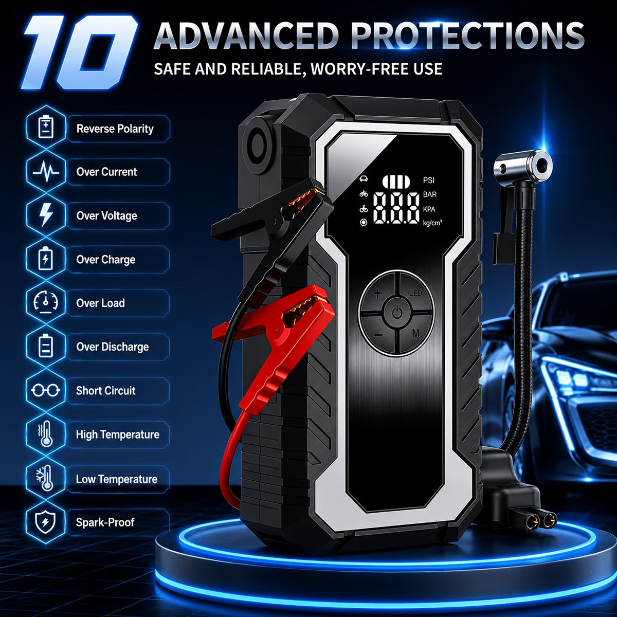 Portable Tire Inflator with Digital Pressure Gauge, Portable Air Compressor, 150PSI/210 PSI, 22 Cylinders, Built-In 12V Car Emergency Jump Starter and Battery - product image 15