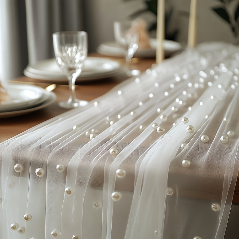 White Pearl Sheer Tulle Fabric Roll 160x300cm – Elegant Organza Mesh for Wedding Backdrop Table Skirt Window Drape Party Decoration Bridal Shower Baby Shower Festive Event Decor - product image