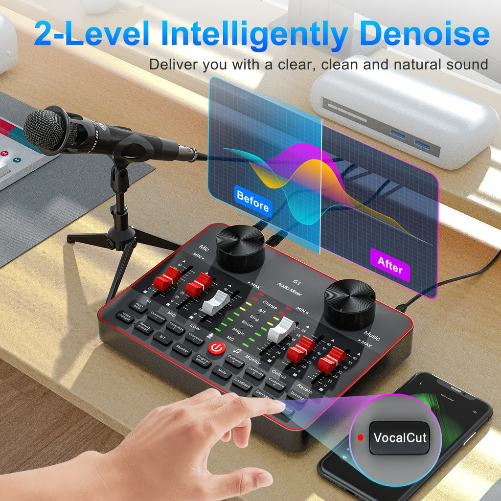 Podcast Equipment Bundle, All-in-One Audio Interface DJ Mixer with 2 Condenser Microphones, Recording Studio Kit Live Sound Card for Singing Broadcast, Live - product image 9