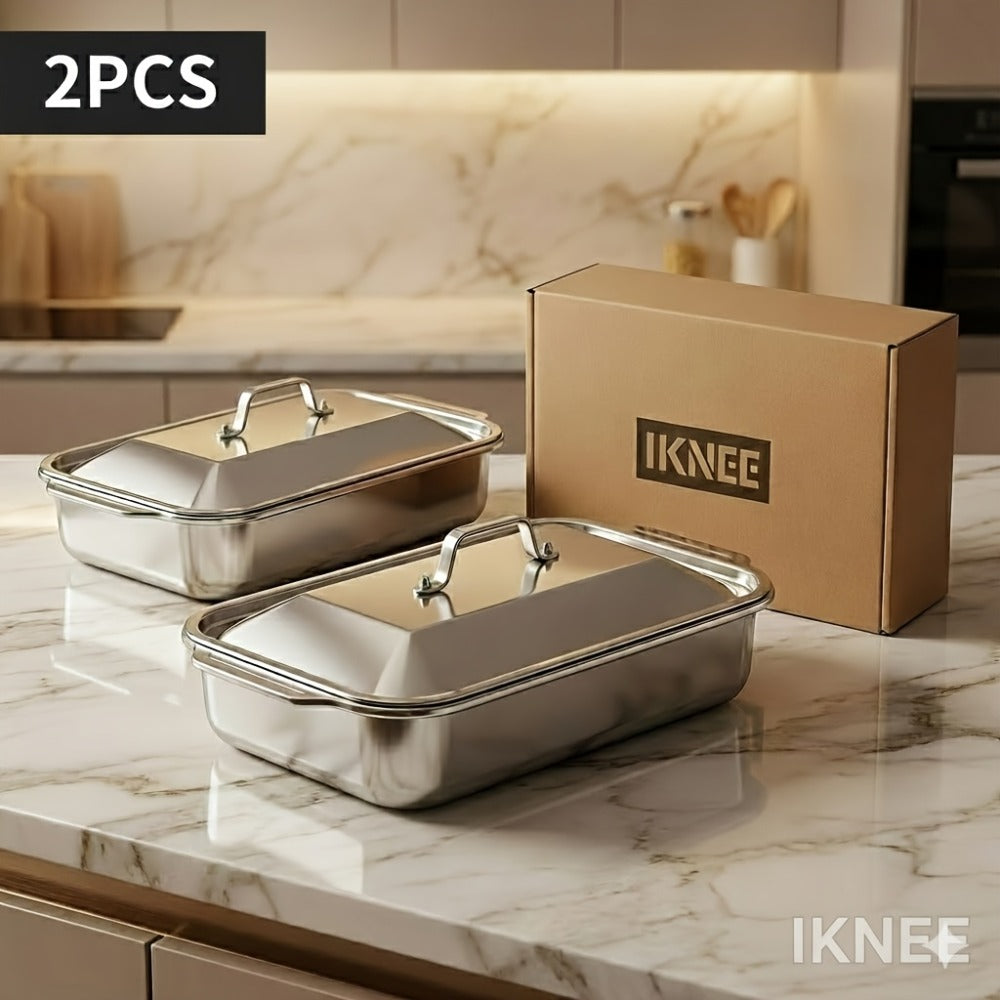 Stainless Steel Baking Pan Set 4-Piece – 2 Deep Roasting Pans & 2 Lidded Pans with Handles, 6-Liter Large Capacity 16.14" Rectangular Baking Pans for Lasagna, Fish, Chicken & Roast - product image 2