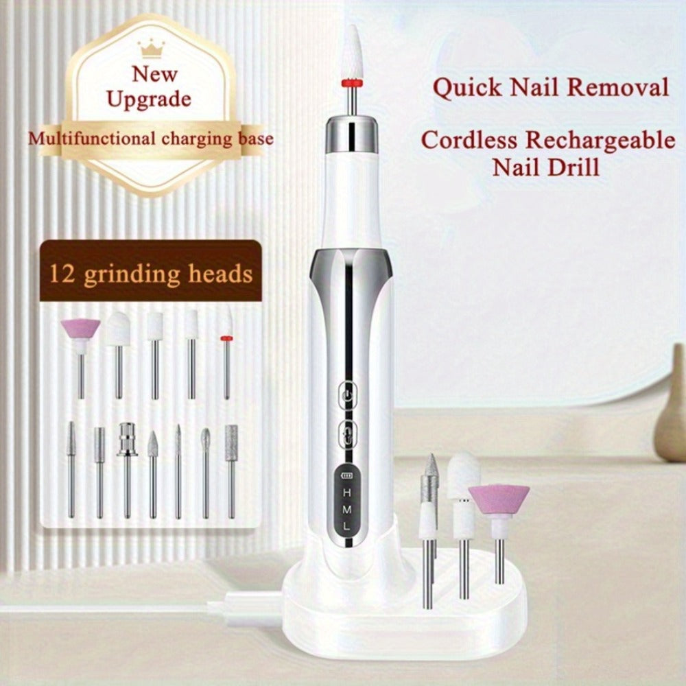 Electric Nail Drill Cordless USB Rechargeable 12 Bits Sanding Bands Manicure Pedicure Kit Low Noise Portable Pen Style Home Salon Beginner Professional Golden White - product image 4