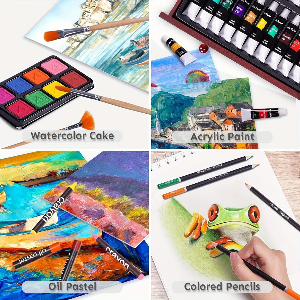 Drawing Pads Crayons Acrylic Paints Colored Pencils Complete Professional Art Kit Gift for Kids Teens Adults Birthday Christmas – 175-Piece Deluxe Art Set in Wooden Case