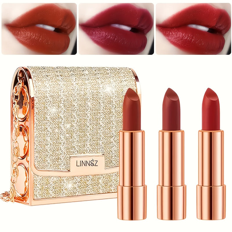 Matte Lipstick Gift Set 3pcs in Silvery Chain Bag Box — Velvet Finish Waterproof Long-Lasting Red Lip Color, Conditioning Formula 3.5g Each, Perfect for Valentine's Day Mother's Da - product image 7