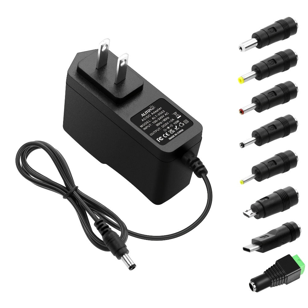 Universal 5V 2A Power Adapter 9-in-1 with 8 Tips - AC/DC 10W Power Supply Type-C Micro-USB Barrel Connectors for Router CCTV LED Strip TV Box - product image