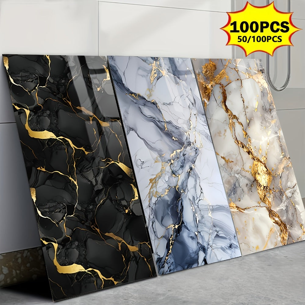 Peel and Stick Marble Tile Stickers – Self Adhesive Foam Wall Tiles for Bathroom Kitchen Office Bohemian Home Decor (50/100pcs, White/Gray/Black/Blue Gold) - product image