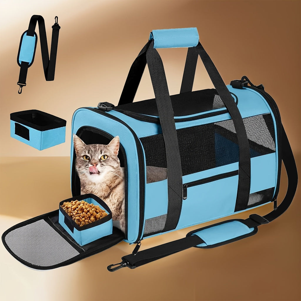 TSA Collapsible Cat & Dog Travel Bag with Fleece Lining, Foldable Bowl, Mesh Ventilation, Safety Zippers, Shoulder Strap & ID Holder for Small Medium Pets - product image