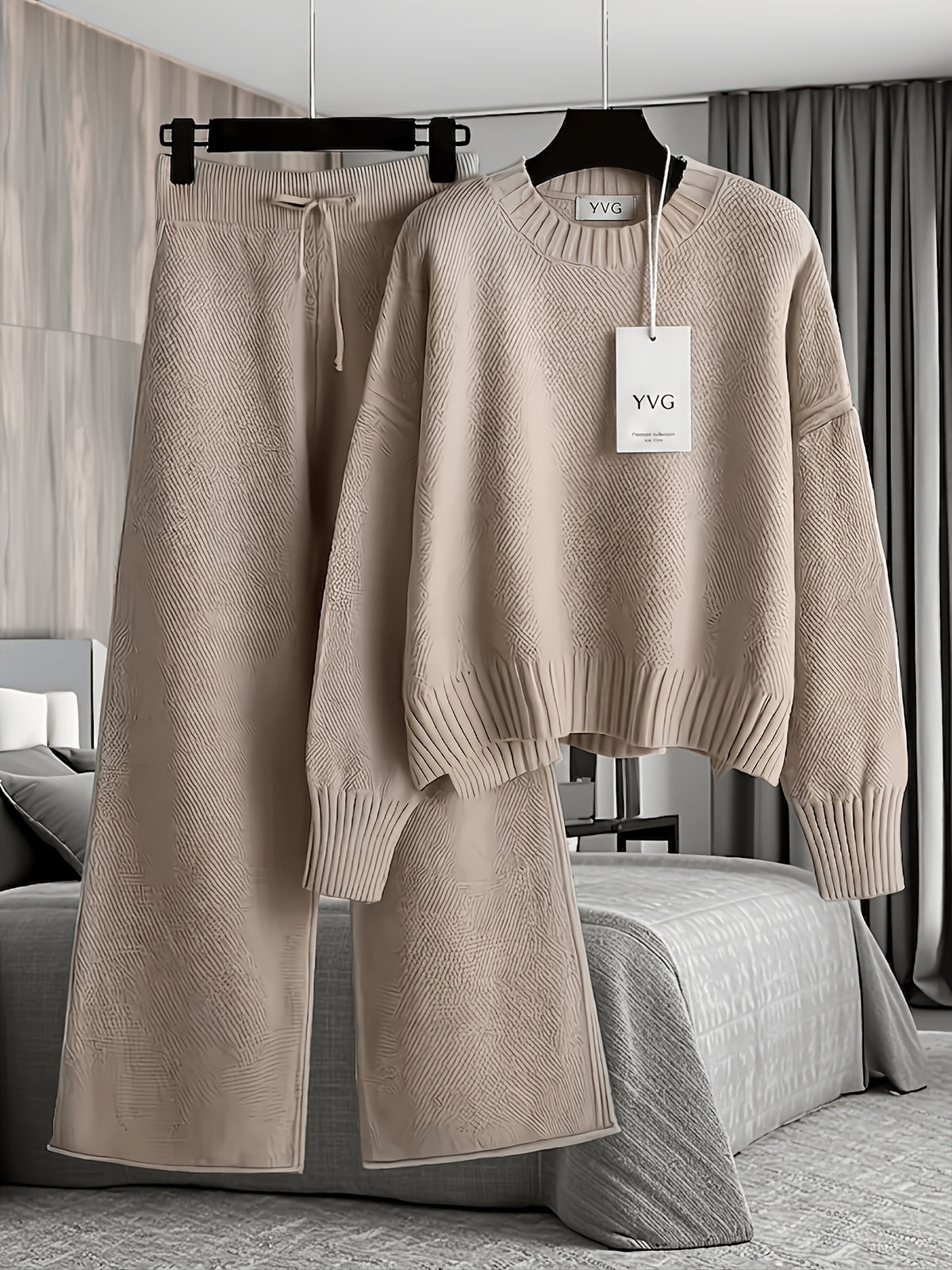 Authentic - Women's Early Autumn Comfortable and Breathable Waffle Texture Two-Piece Set: Round Neck Shoulder- Long Sleeve Hoodie, High-Waist Wide-Leg - product image 34