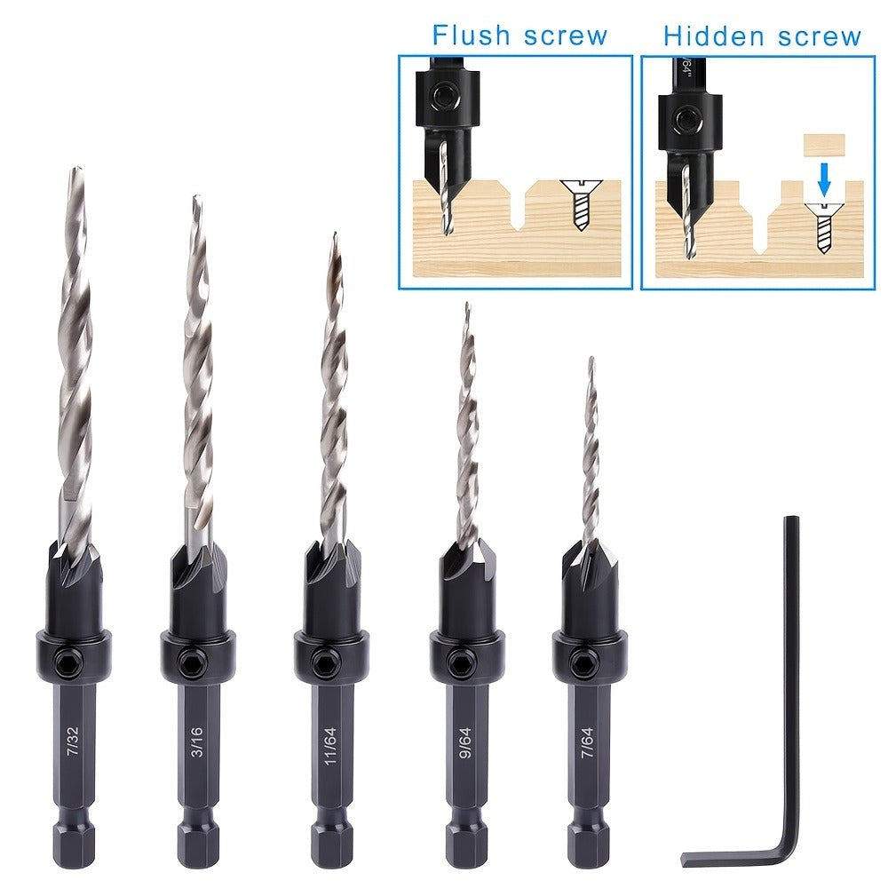 5pcs Countersink Drill Bit Set #4 #6 #8 #10 #12 Tapered with 1/4" Hex Shank Quick-Change – Adjustable Wood Counter Sinker Bits with Allen Wrench for Woodworking - product image
