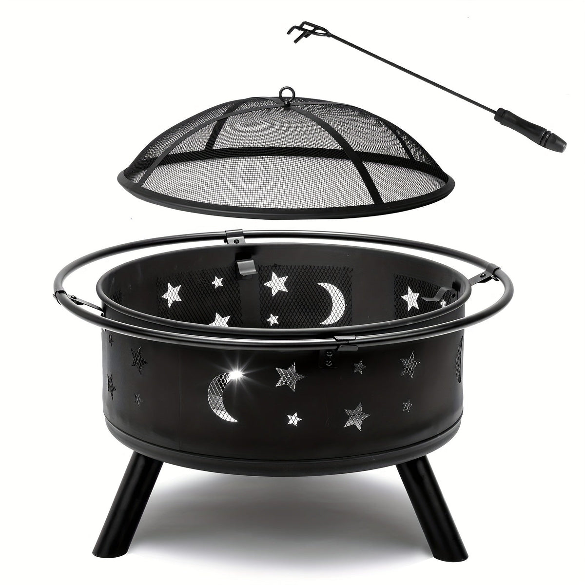 Fire Pit 30 Inch Round Wood Burning Outdoor Backyard Patio Steel Bowl with Spark Screen Mesh Lid Star Moon Cutout Carrying Ring Poker Included Black - product image