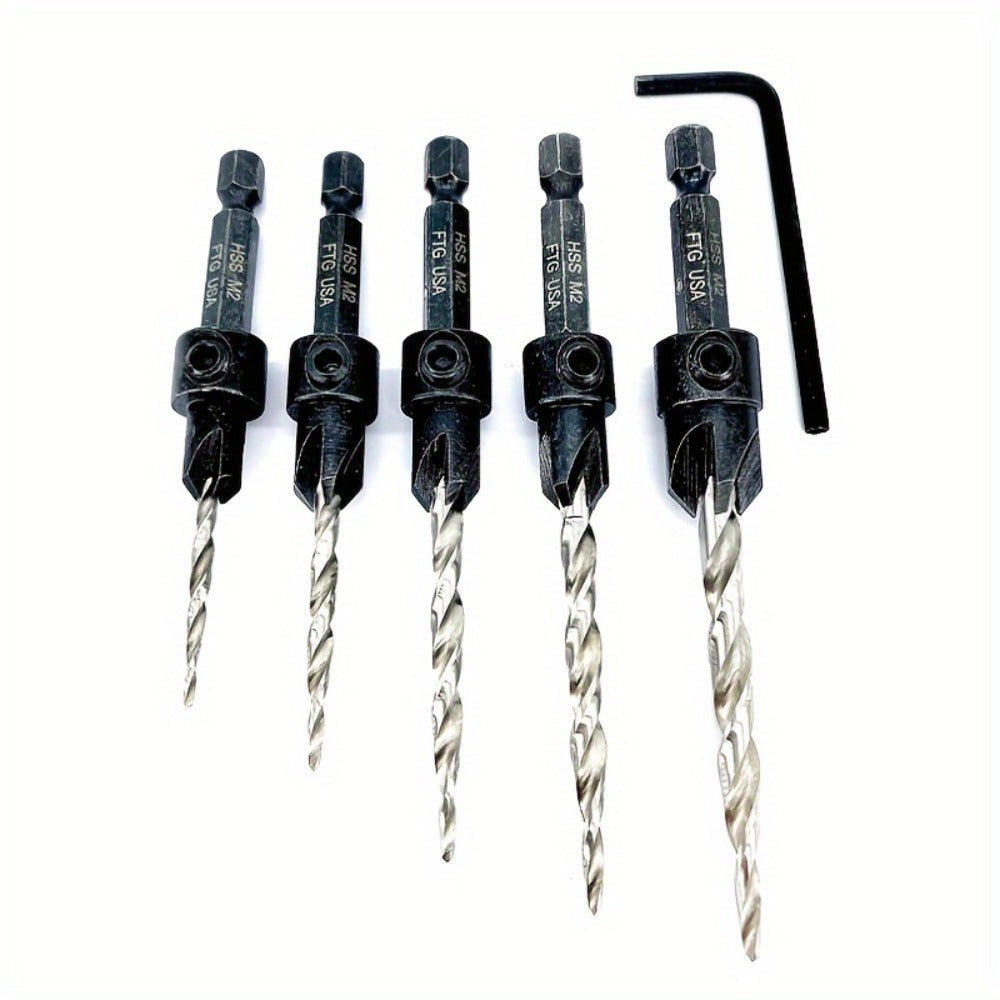 5pcs Countersink Drill Bit Set #4 #6 #8 #10 #12 Tapered with 1/4" Hex Shank Quick-Change – Adjustable Wood Counter Sinker Bits with Allen Wrench for Woodworking - product image 2