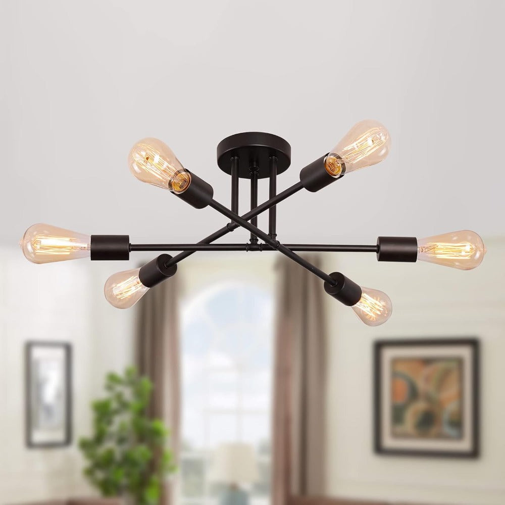 Sputnik Chandelier 6-Light Black Industrial Ceiling Light Fixture Semi Flush Mount for Bedroom Dining Room Living Room Kitchen - product image 6