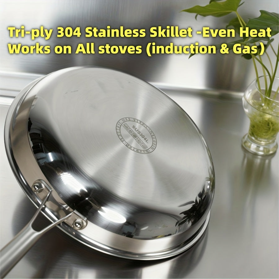304 Stainless Steel Frying Pan Skillet | 3-Ply Base Even Heat Distribution, Induction & Gas Compatible, Rivet-Free Interior, Healthy Non-Toxic Cooking Cookware for Home Kitchen